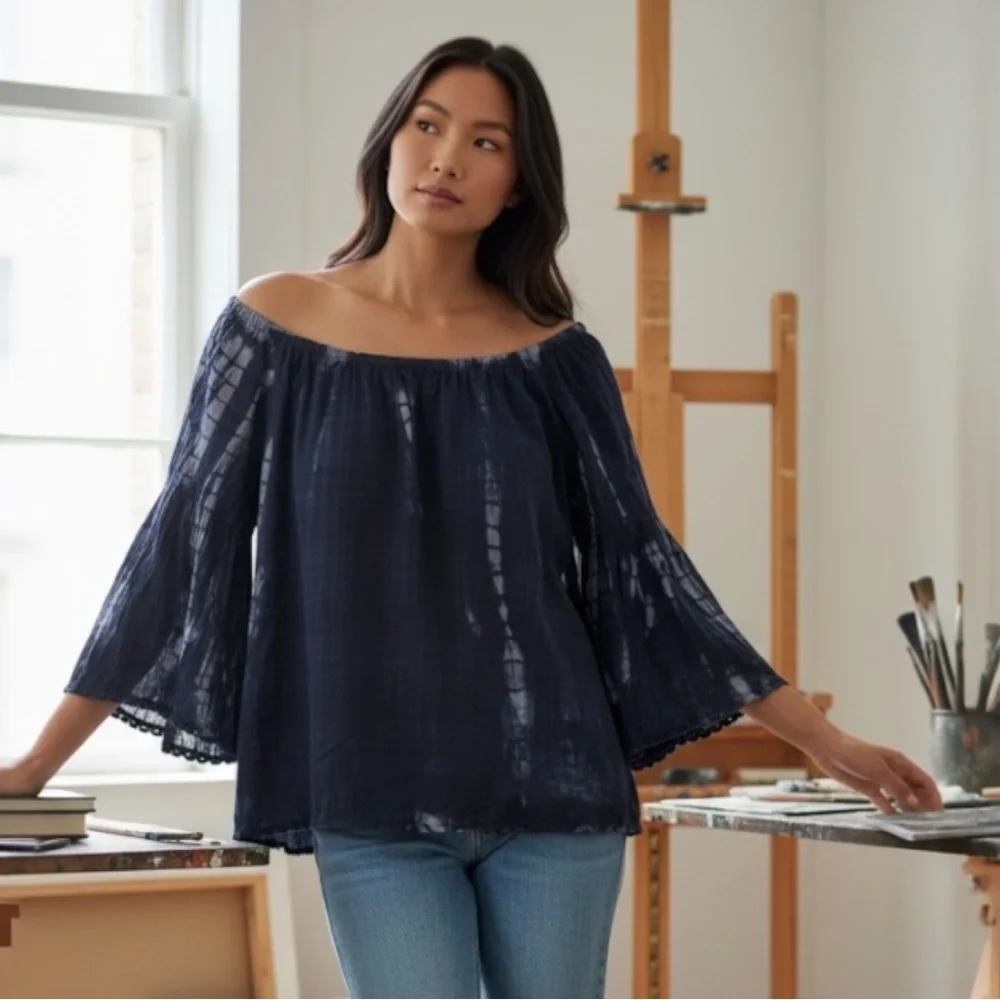 Ivy Jane Midnight Blue Tie-Dye Off-Shoulder Blouse Super cute Boho style - Picture 9 of 9